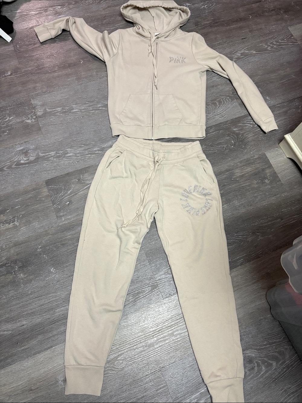 PINK Victoria's Secret Bling Beige Zip Hoodie & Jogger - Small Bottom,XS Jacket